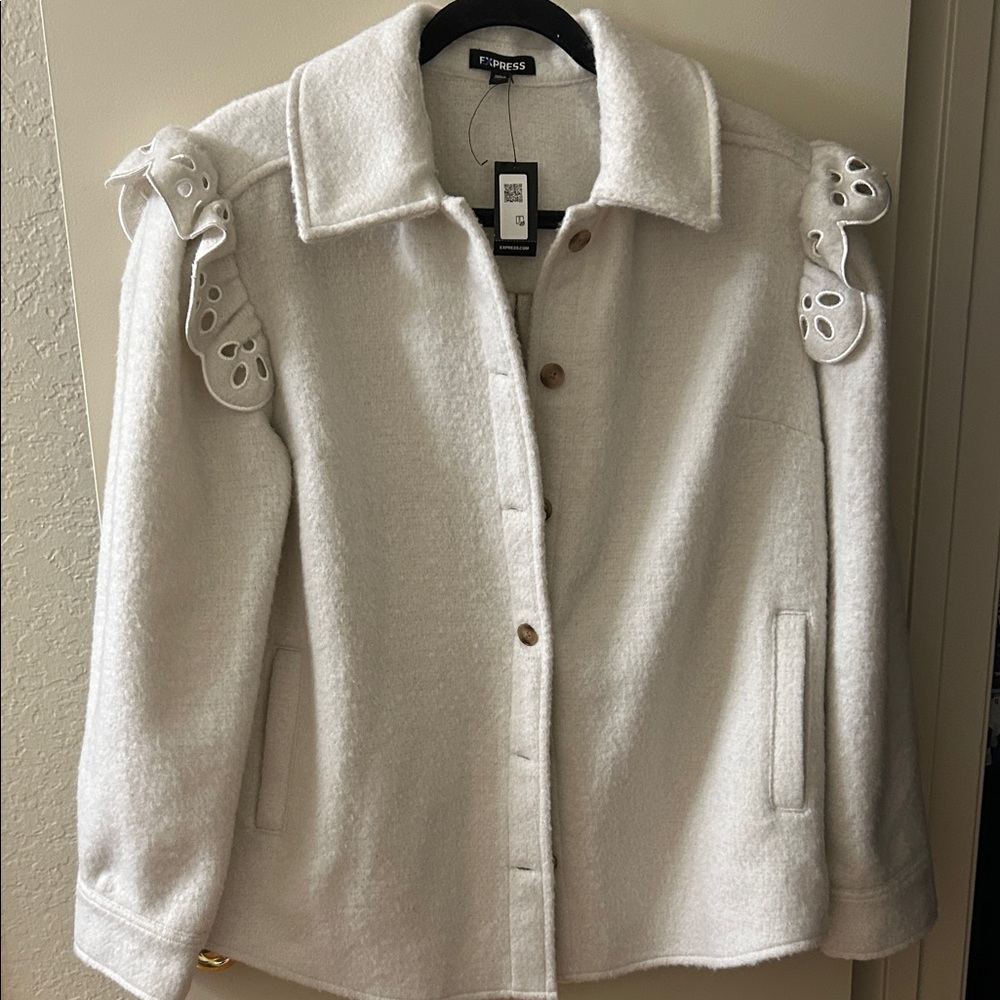 Express Cream Teddy Jacket with Decorative Shoulder Accents
